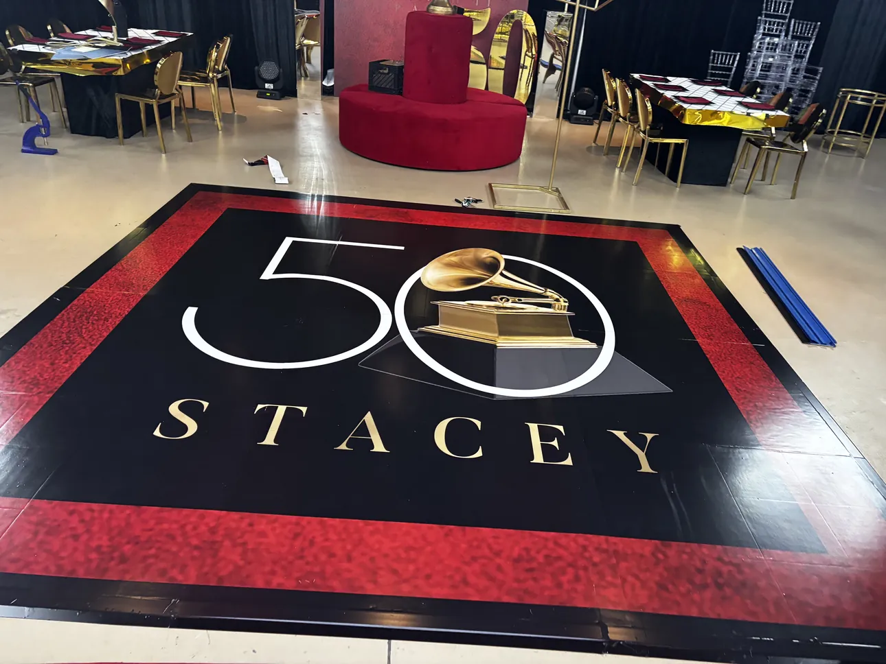 A black and red 50th birthday dance floor wrap for Stacey