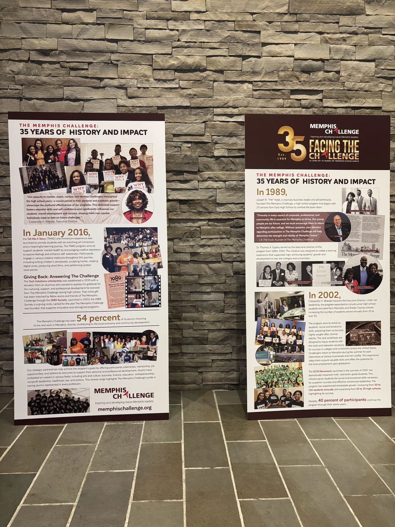 Two Memphis Challenge history banners on stands